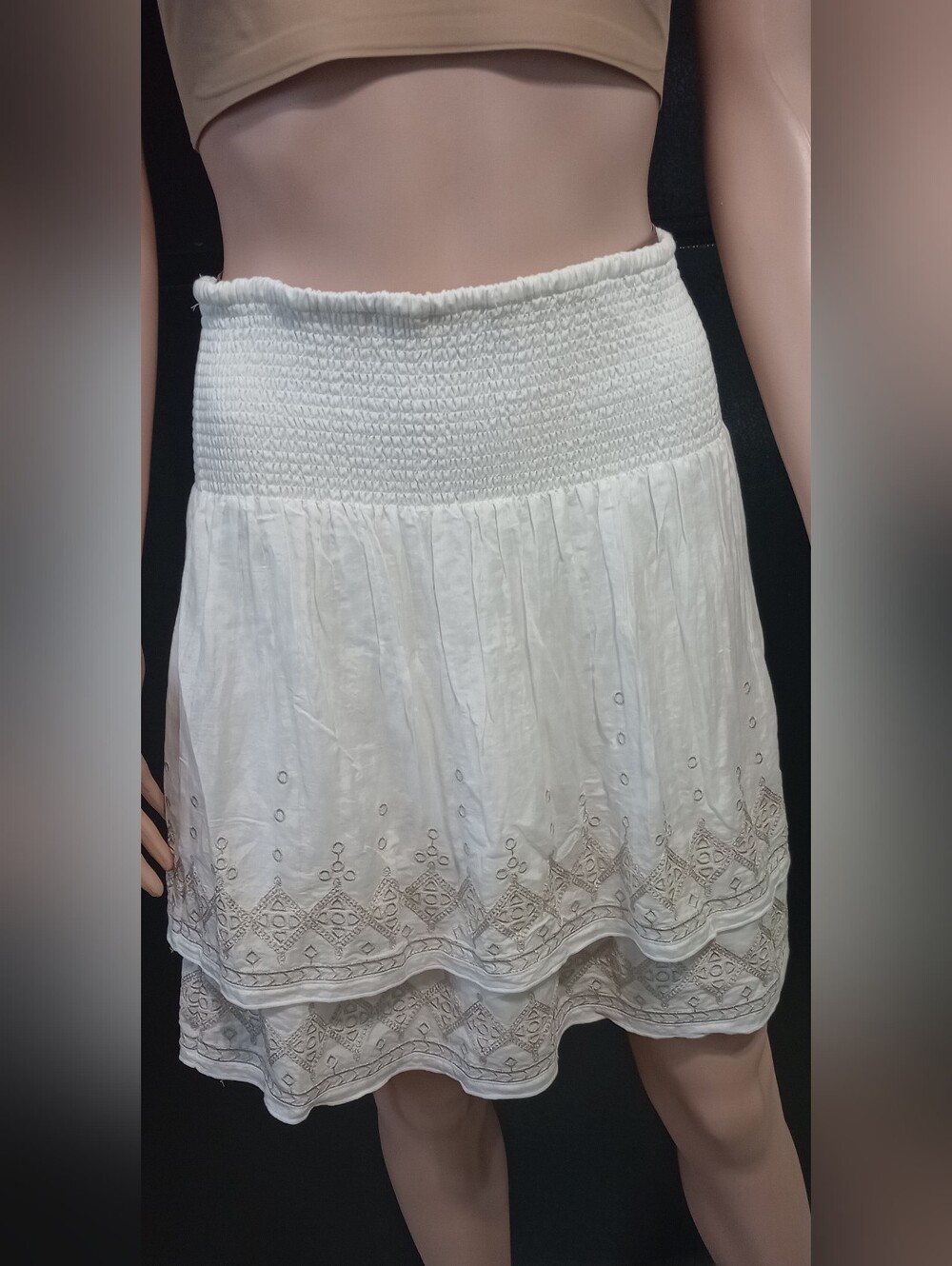 White House Black Market White Tiered Midi Skirt with Eyelet Embroidery